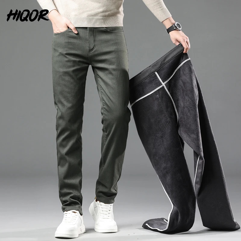 HIQOR Winter Thick Warm Casual Pants Man Mens Clothing Fleece Business Straight Trousers For Men Loose Male Pantalones 241018