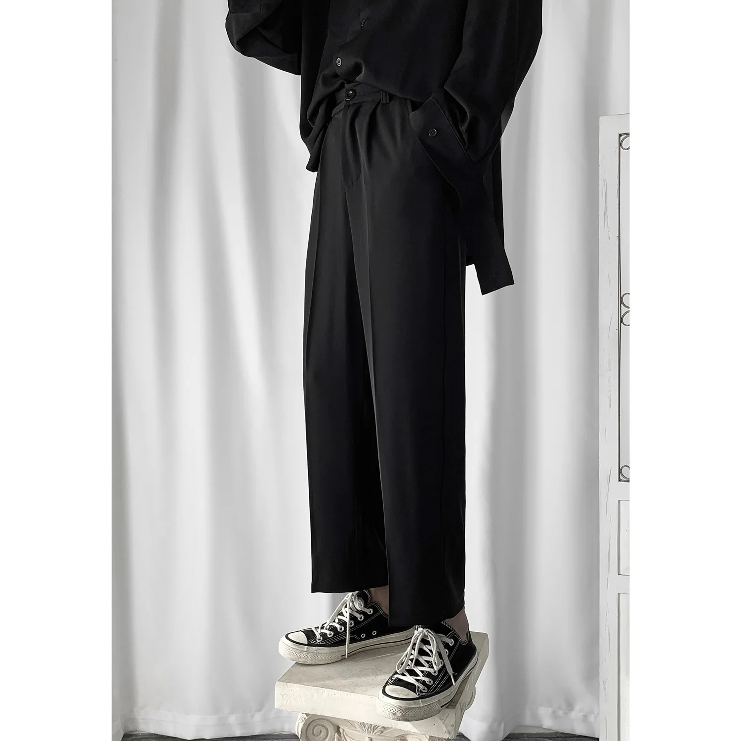 Spring Korean Style Insdull Black Casual Cropped Pants Loose Fit Versatile Straight Leg Bell Bottoms For Men 241018