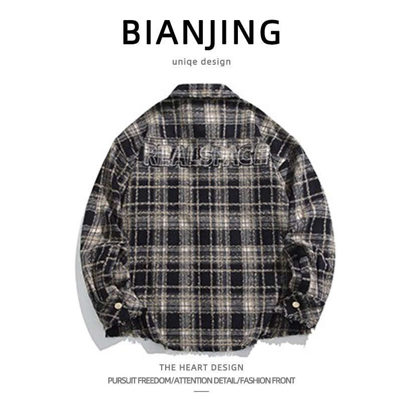 shanshi Men's shirts American plaid brushed long sleeved shirt men high street fashion brand spring and autumn niche high-end personalized jacket