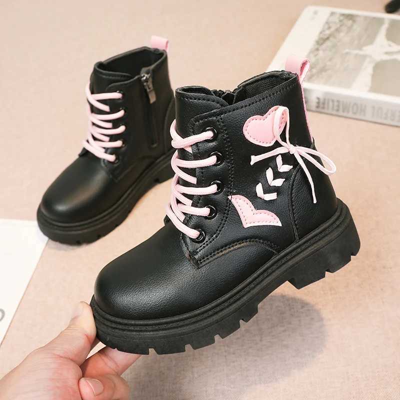 Boots Childrens Fashion Boots Girls Ankle Boots Elegant Zipper Cool Love Pattern Childrens Princess Leather Boots Anti Slip Size 26-37 H241018