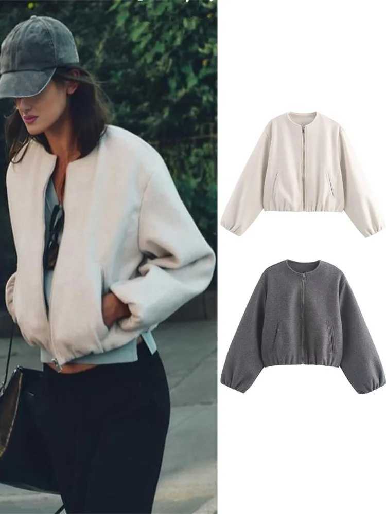 Ladies Fashion Autumn Winter Jacket Women Retro Round Neck Long Sleeve Elastic Hem Zipper Soft Bomber Jacket Women Coat FemaleX241018