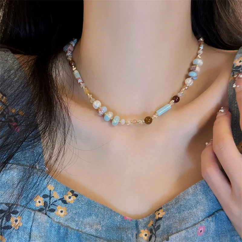Bridal handmade irregular womens jewelry necklace party gift Bohemian colored natural stone bead necklace vintage necklace 241018