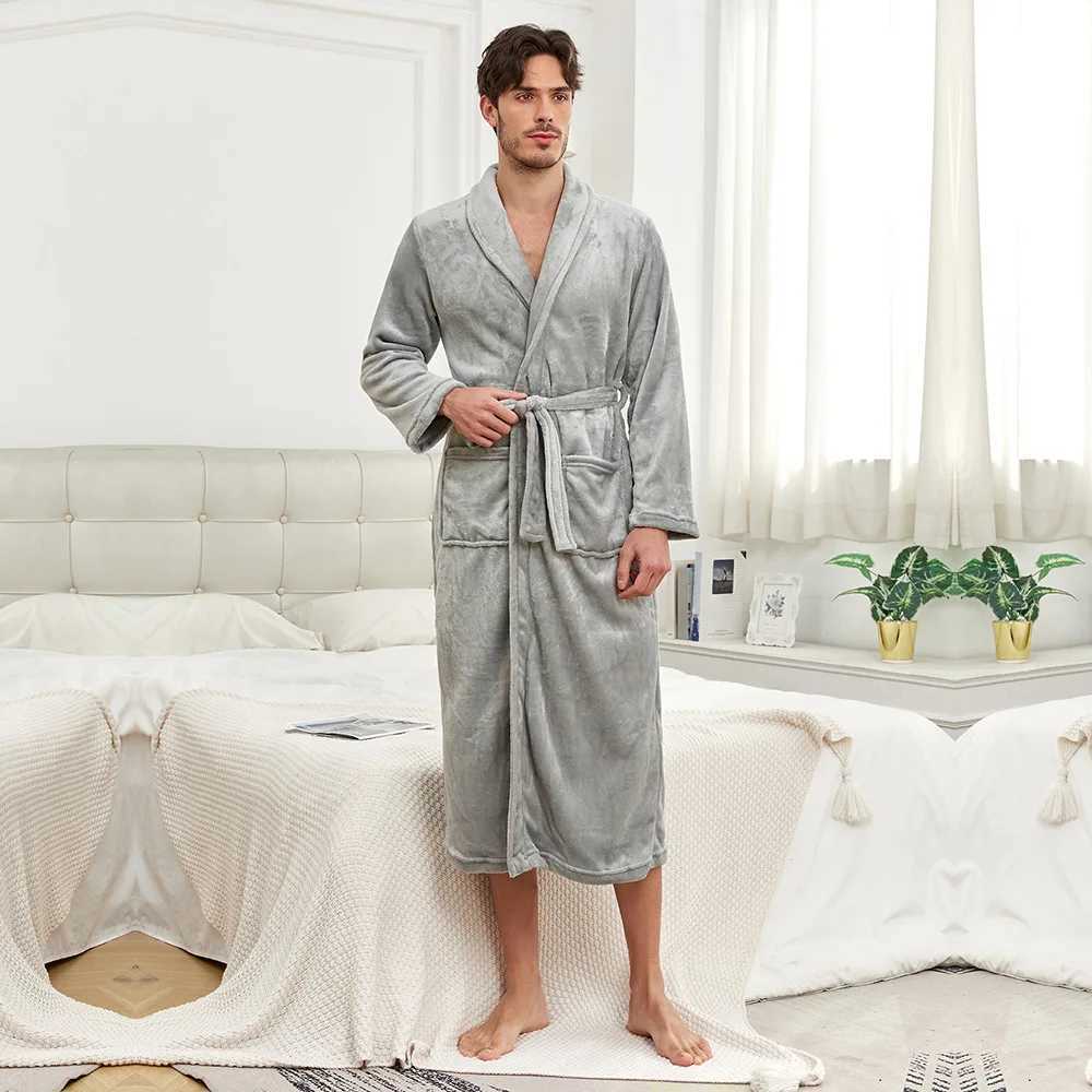Mens Flannel Kimono Robe Nightwear Female Winter Warm Homewear Bathrobe Gown Shower Solid Sleepwear With Pocket LoungewearXJ241018
