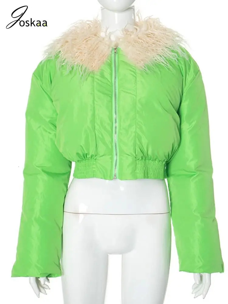 Joskaa Fashion Fur Collar Full Sleeve Crop Parkas Women Clothing Winter Casual Short CottonPadded Jackets Outerwear Streetwear 241018