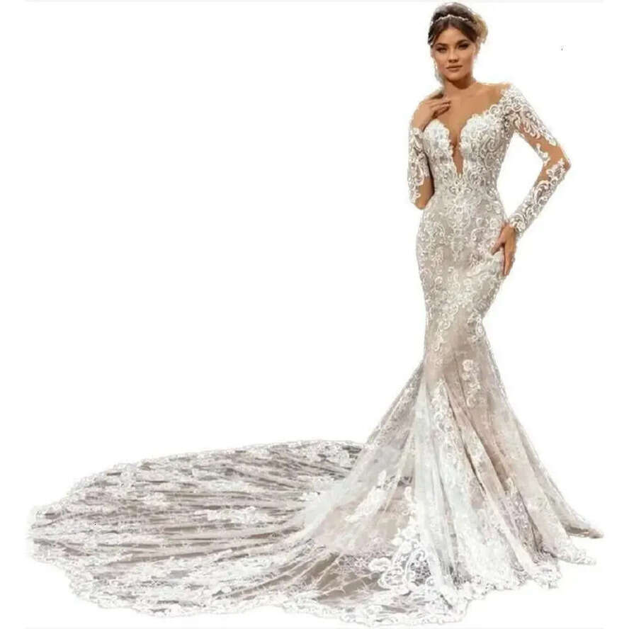 Long Bridal Gowns Mermaid Lace Illusion Scoop Necke Full Sleeves Chapel Train Plus Size Wedding Dresses Vestidos De Novia
