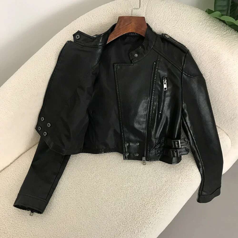 New Faux Leather Biker Women High Waist Fashion Slim Short Motorcycle PU Coat Spring Cropped Jacket Female