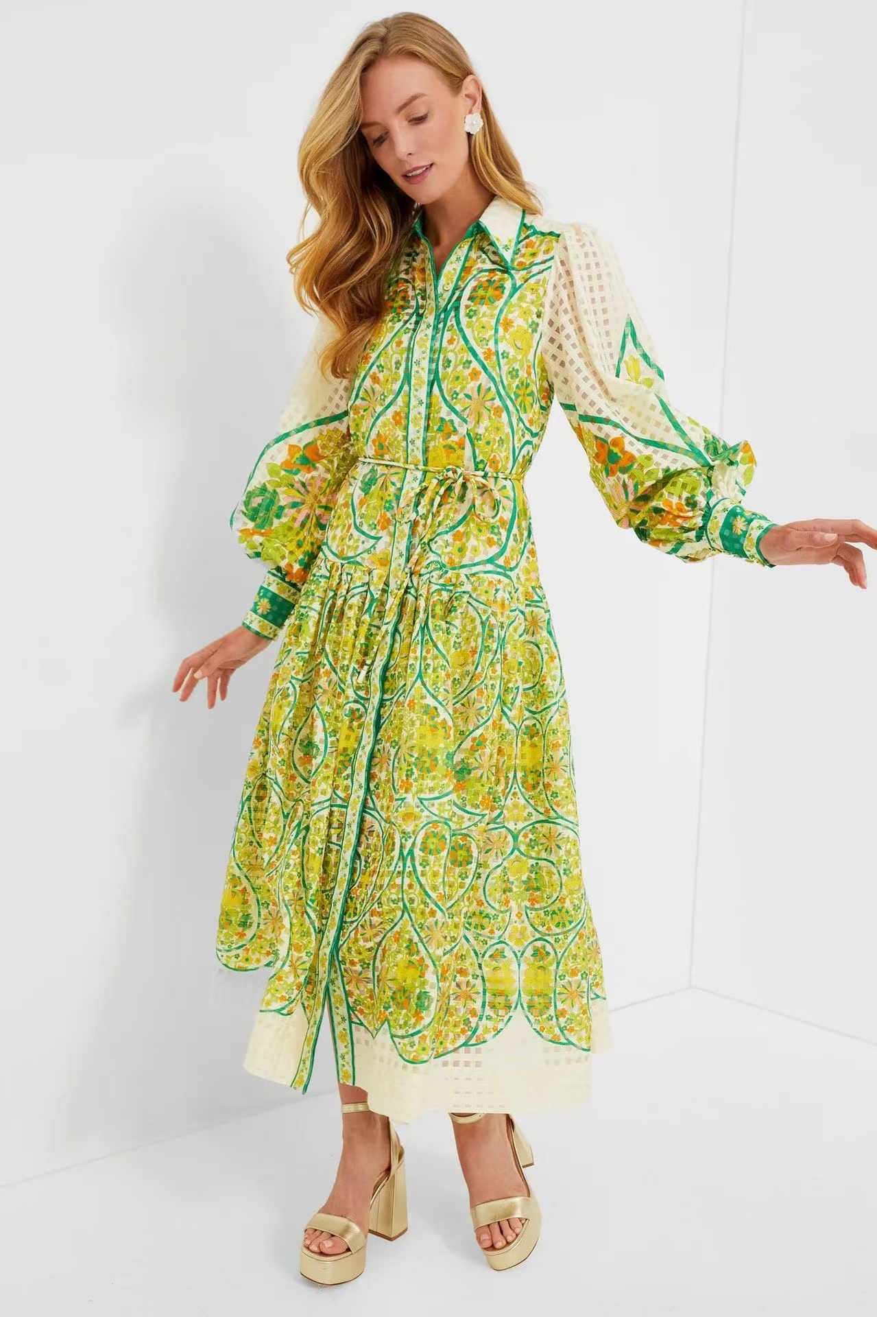 Designer 2024 Autumn New Casual Round Neck Lace Printed Dress for Women