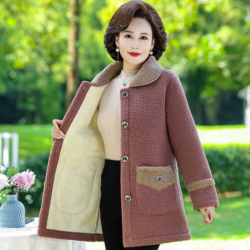 Middle Aged Womens Winter Jacket Lamb Wool Coat New Thicke Cotton Padded Jacket Warm Mid Long Particle Fleece Coat Female ParkaX241018