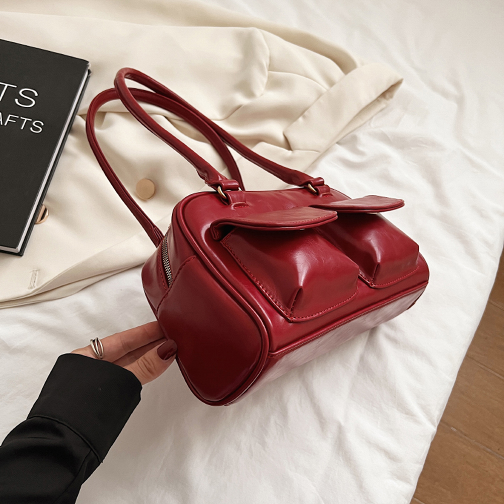 PU Leather Women Tote Double Pocket Top-Handle Bags Fashion Solid Designer Armpit Bag Casual Zipper Portable Ladies Purses