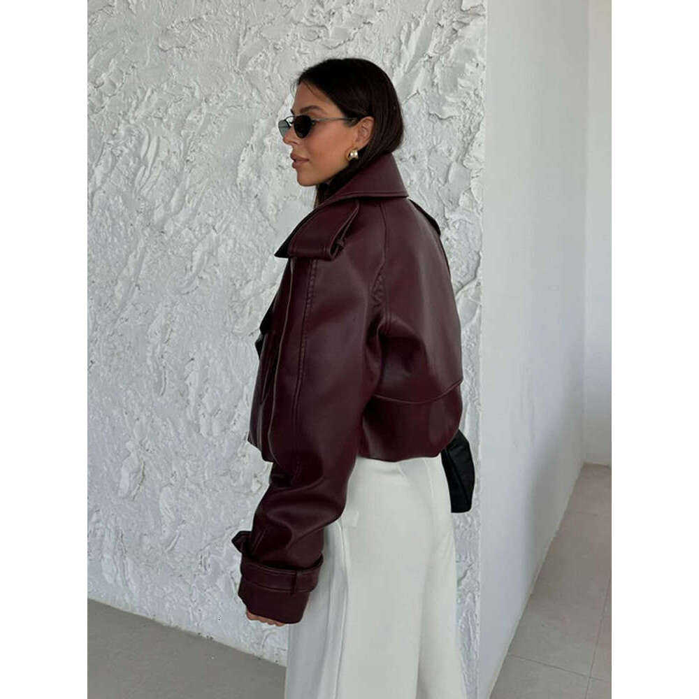 Women Bury Leather Turndown Collar Jacket Fashion Female Solid Casual Long Sleeves Jackets 2024 Autumn Lady Street Overcoat