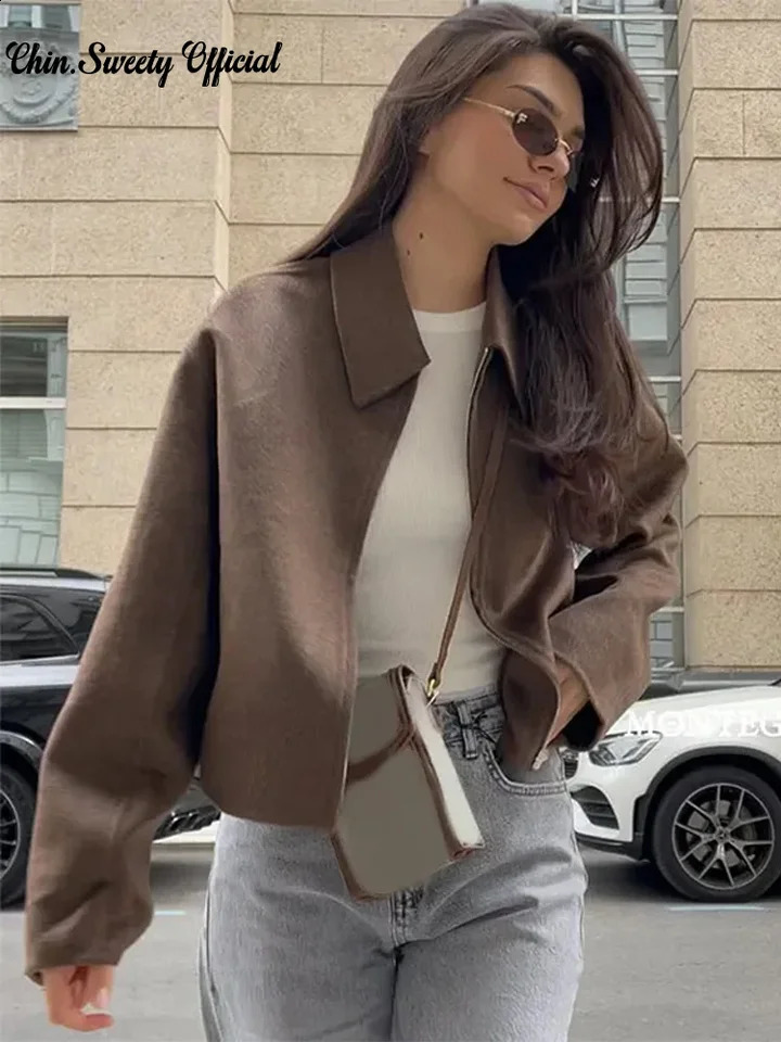 Brown Lapel Short Suede Jacket Women Vintage Long Sleeve Zipper Loose Crop Coat 2024 Autumn Lady Casual High Street Outwears 241017