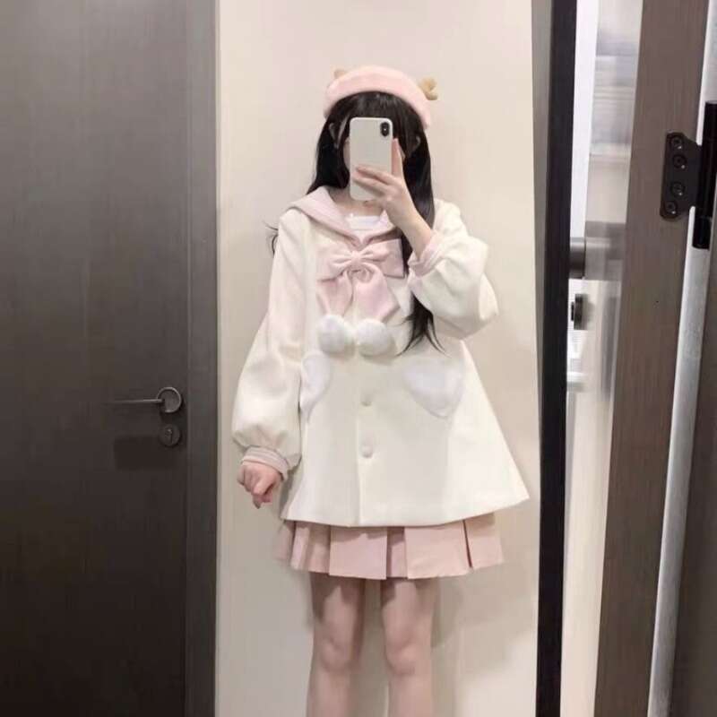 Sweet Bow Sailor Collar Jackets Mujer 2024 Autumn Winter New Thicked Warm Coat Women Y2k Mid-Length Long Sleeve Loose Tops