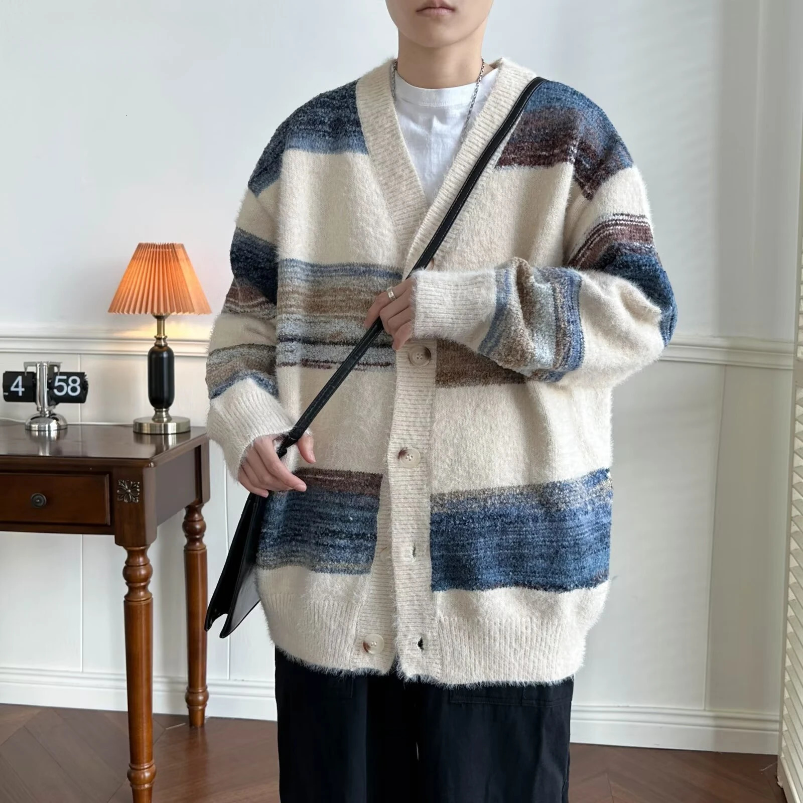 Striped Cardigan Men Chic Baggy Slouchy Vneck Japanese Style Harajuku Vintage High Street Knitting Sweaters Allmatch Autumn 241018