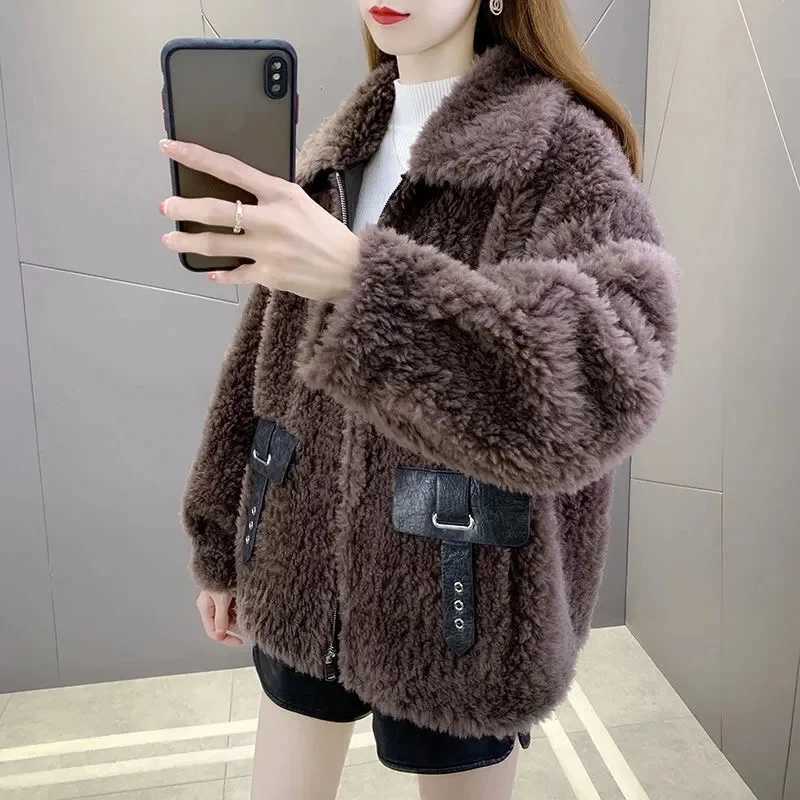 Korean Women Fashion Short Zipper Coat High-grade Ladies Solid Color Lamb Wool Outwear Autumn Winter Female Long Sleeves JacketX241018