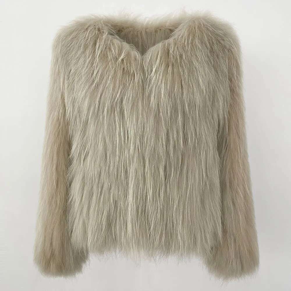 Real Raccoon Double-Side Knitted Thicken Natural Fur Jacket Long Sleeve V-Neck Winter Coat Women