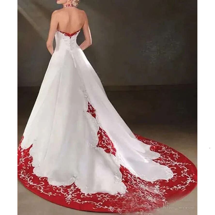 Red White Elegant And A E Wedding Dresses Embroidery Halter Neck Sleeveless Long Satin Bridal Gown Court Train Vintage Robe De Mariee mbroidery