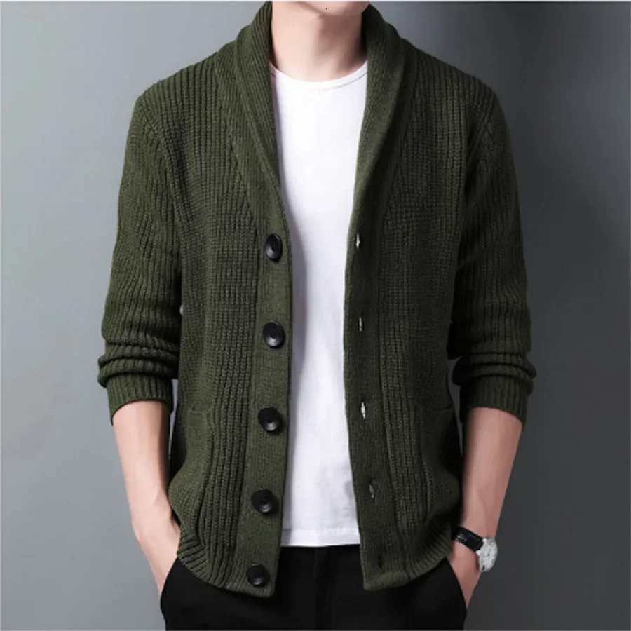 Army Green Cardigan Men Buttonup Sweater Autumn Winter Knitted Coat Thick Warm Casual Solid Streetwear Mens Fashion Clothing 241018