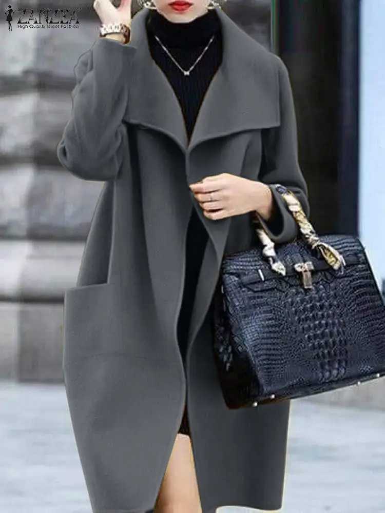 ZANZEA Women Loose Woolen Coat 2024 Fall Winter Lapel Overcoat Fashion Long Sleeve Outwears Vintage Pockets Solid Parka CoatsX241009
