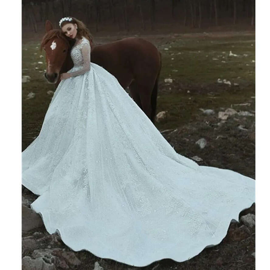 Wedding White Sexy Women Dress Deep High Neck Long Mesh Lace Sleeve A E Pleated Dresses YD Es es s