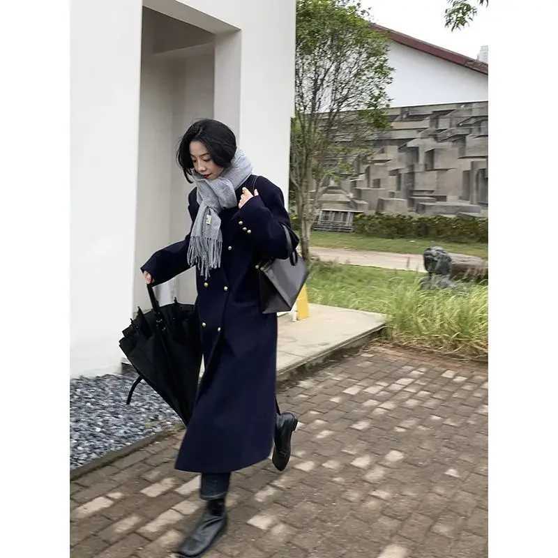 New British Style Navy Blue Woolen Coat Women Jackets Winter Clothes Double breasted Mid Length Wool Suit Jackets Women ClothingX241009