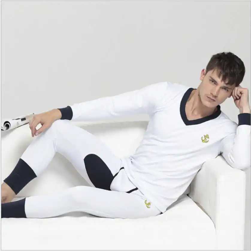 Men's Thermal Underwear 1 set of high-quality mens autumn/spring cotton long Johnson suit V-neck comfortable hot underwear sexy elastic warm unde