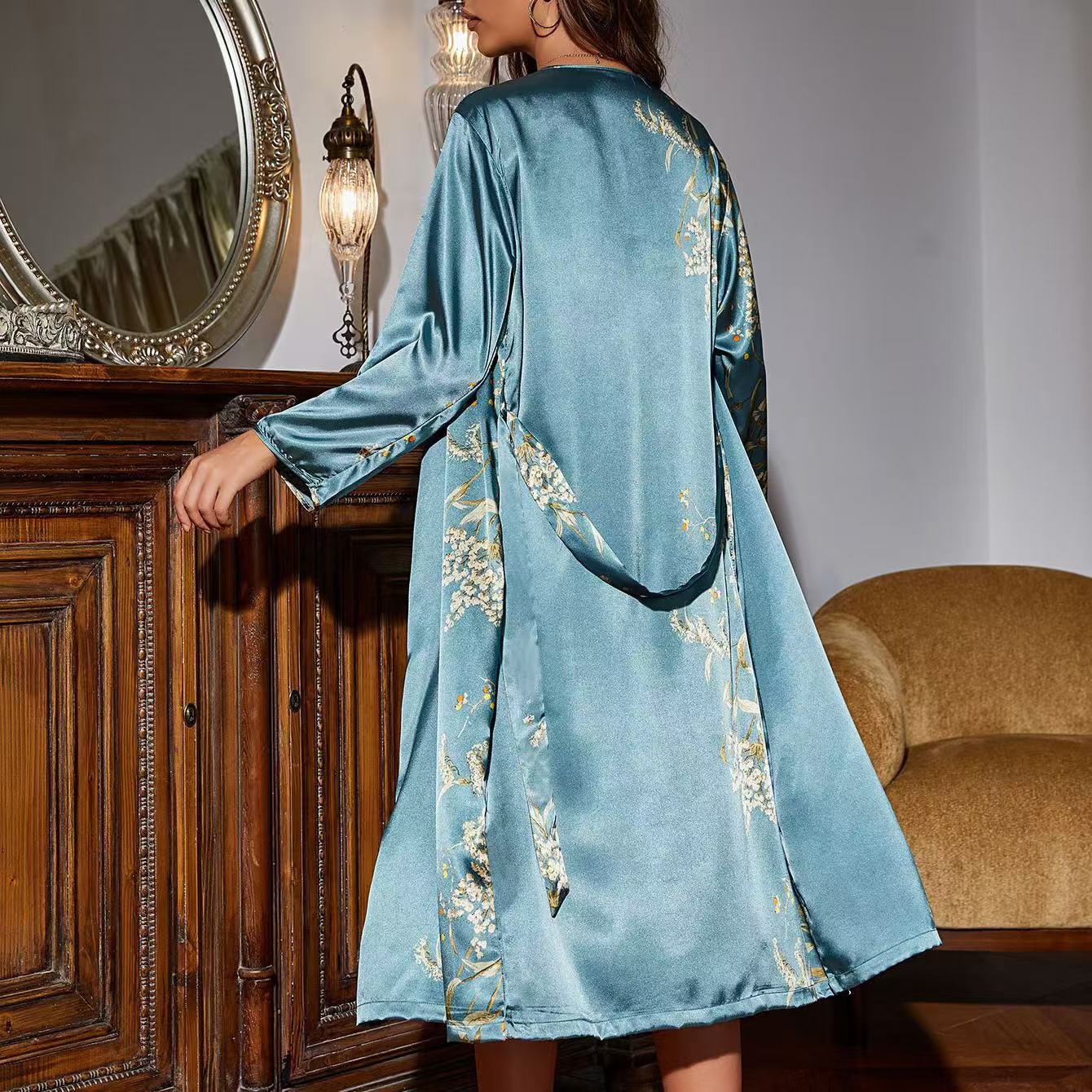 Designer's minimalist women's four season home suit with tie up nightgown and skirt, two-piece set of thin outer wear, medium to long pajama