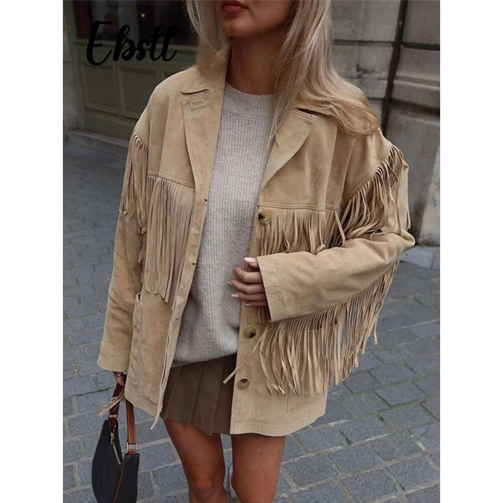 Vintage Faux Suede Tassel Jacket Women Elegant Long Sleeve Single-Breasted Lapel Coats 2024 Autumn New Lady Loose Urban Outwear