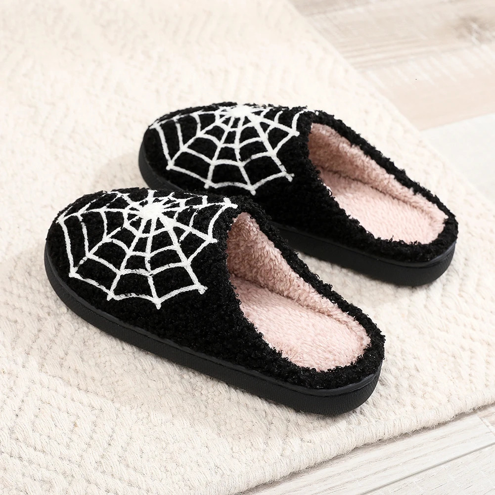 Halloween spider web pattern horror plush slider shoes for women comfortable fur spider web indoor slider Christmas gift241018bj