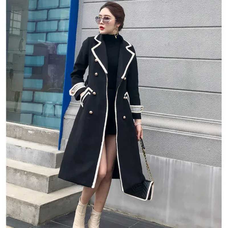 Korean Fashion Wool Coat Women Autumn Winter Thick Warm V-Neck Belt Long Overcoat Office Lady Elegant Slim High Quality OutwearX241009