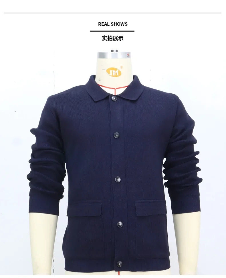 American Mens Pure Color Turnover Collar Patch Pocket 12gauge Knitted Sweater Coat with Casual Style for Autumn and Winter 241018