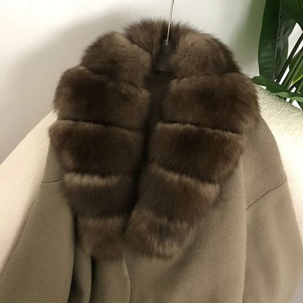 Real New Lazy Fashion Thick Long Fur Collar Cardigan Knitted Women's Natural Fox Skin Loose Coat