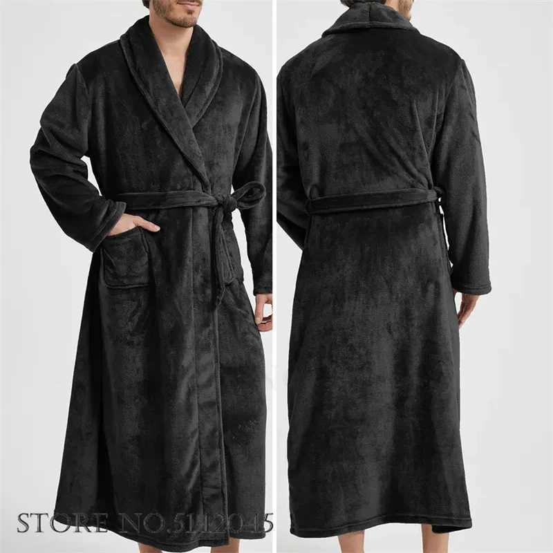 Mens Coral Fleece Long Bathrobe Gown Sleepwear Winter Thick Flannel Robe Lounge Wear Loose Home Clothes Nightwear with PocketXJ241018