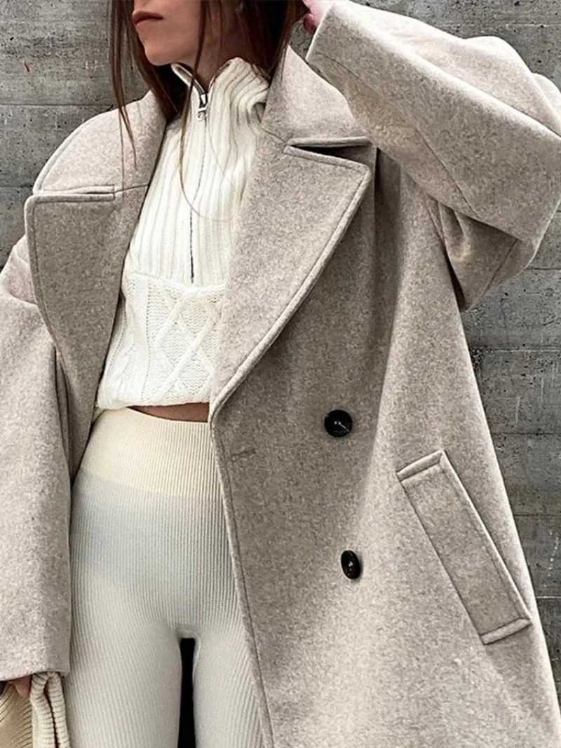 Women Oversize Lapel Double Breasted Woolen Coat Female Fashion Long Sleeves Wool Jacket 2022 Winter Warm Loose Commute OvercoatX241009