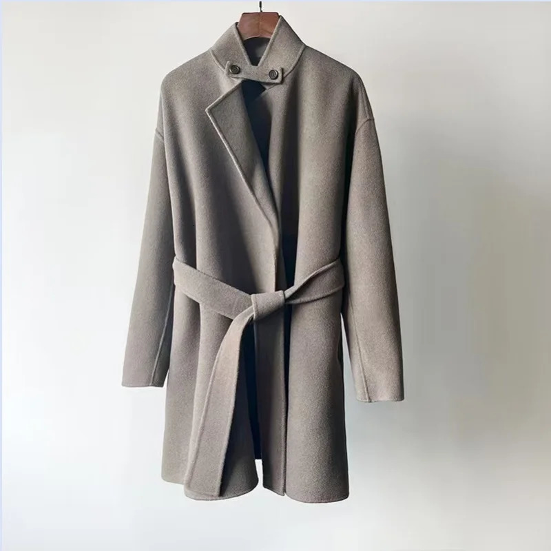 Heavy duty woolen fabric from Sweden niche stand up collar without buckle waistband mid length coat jacket 241018