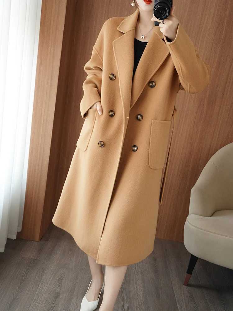 Autumn and Winter New Womens Coat Double-Sided Woolen 100% Pure Wool Waist-Tight Hand-Stitched Fashionable Elegant Womens CoatX241009