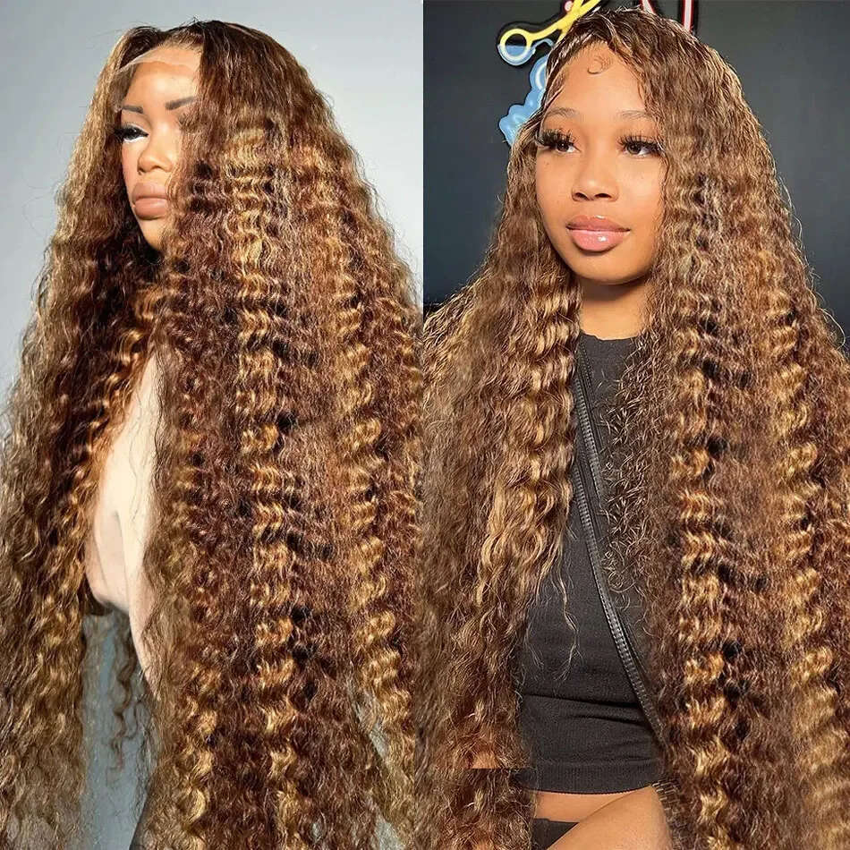 26 Inch Highlight Honey Brown Curly Lace Front Human Hair Wigs 180 Density 13x6 Ombre Colored Deep Wave Lace Frontal Wig
