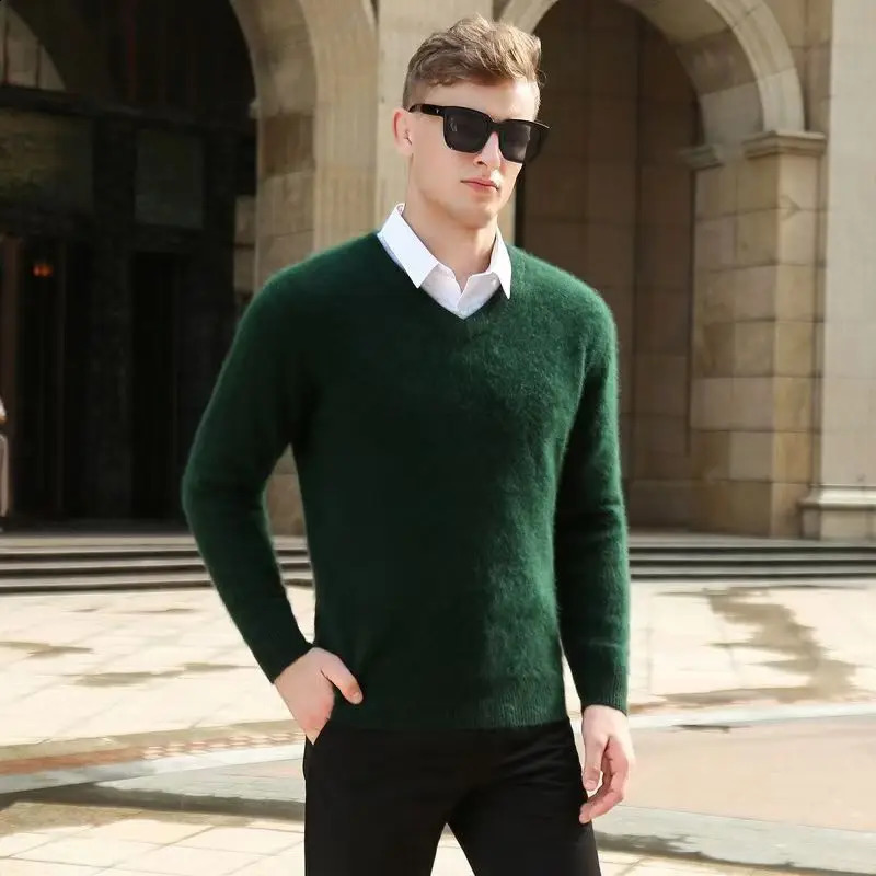 Autumn and winter pure mink cashmere sweater mens V-neck zipper thick plus size knitted bottom sweater 241018