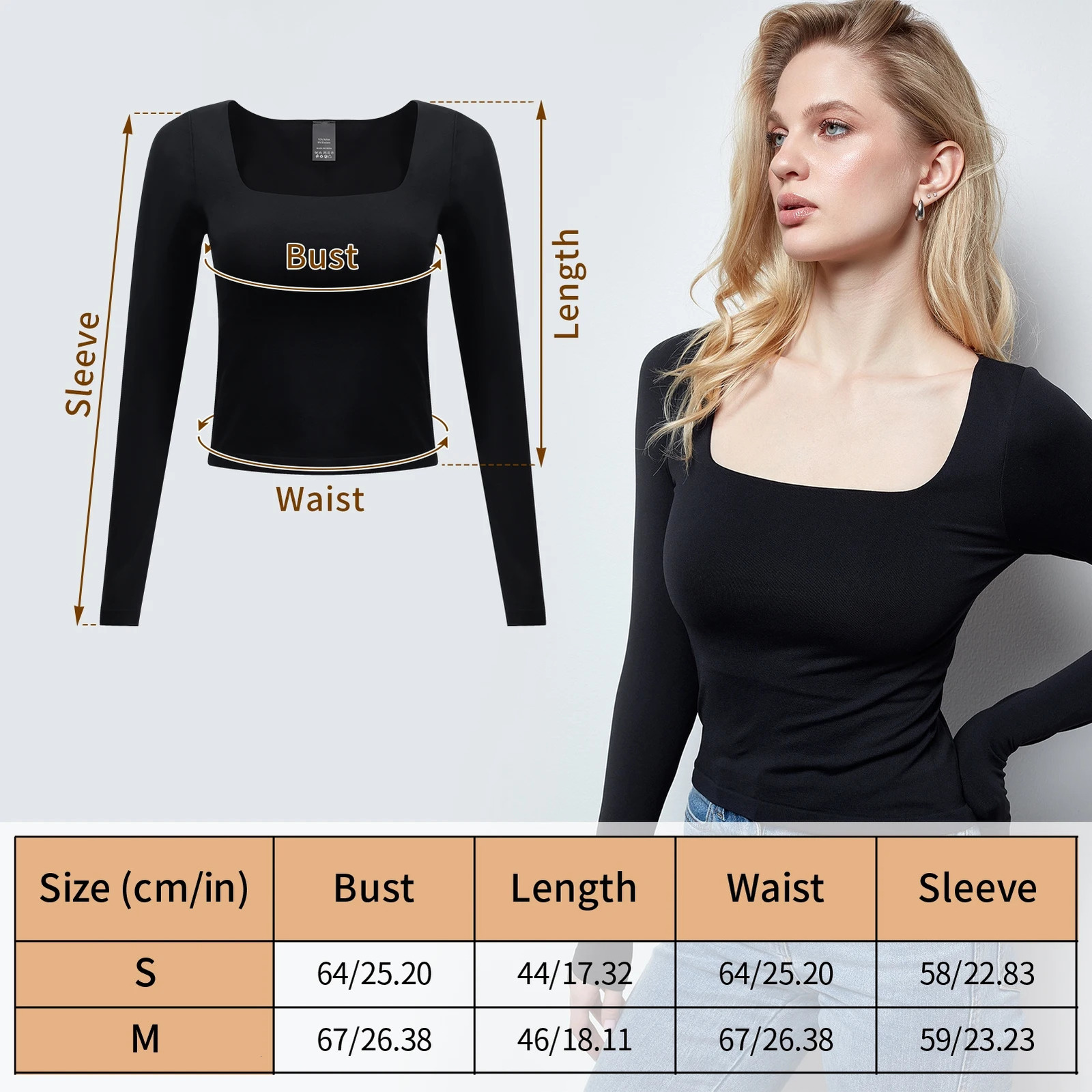 Women Black Crop Top Long Sleeve Square Neck Slim Fitted Y2K Casual Workout Basic TShirt Tops 241018