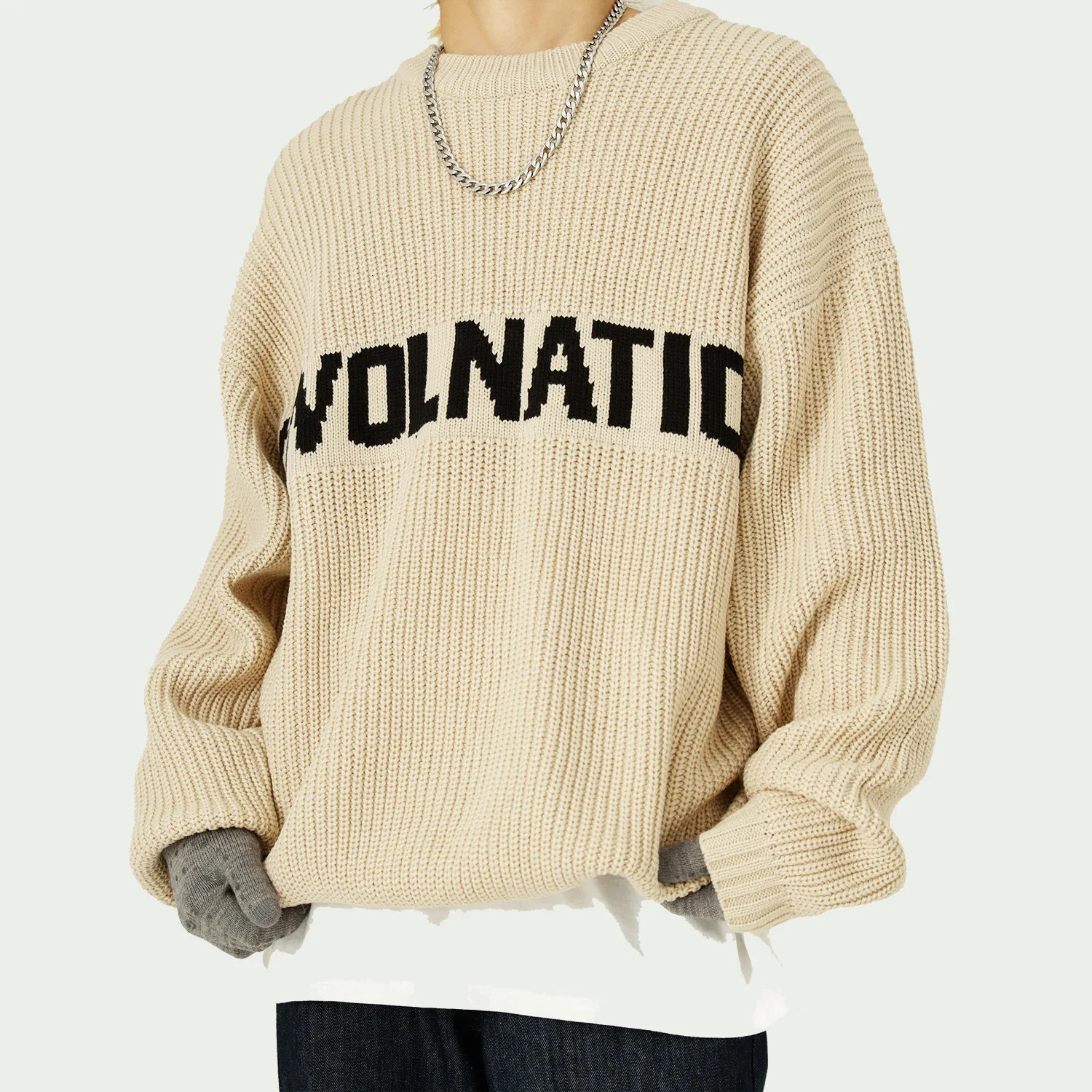 Hip Hop Mens Autumn Loose Knitted Round Neck Letter Sweater Pullover Long Sleeve Tops for Men 241018