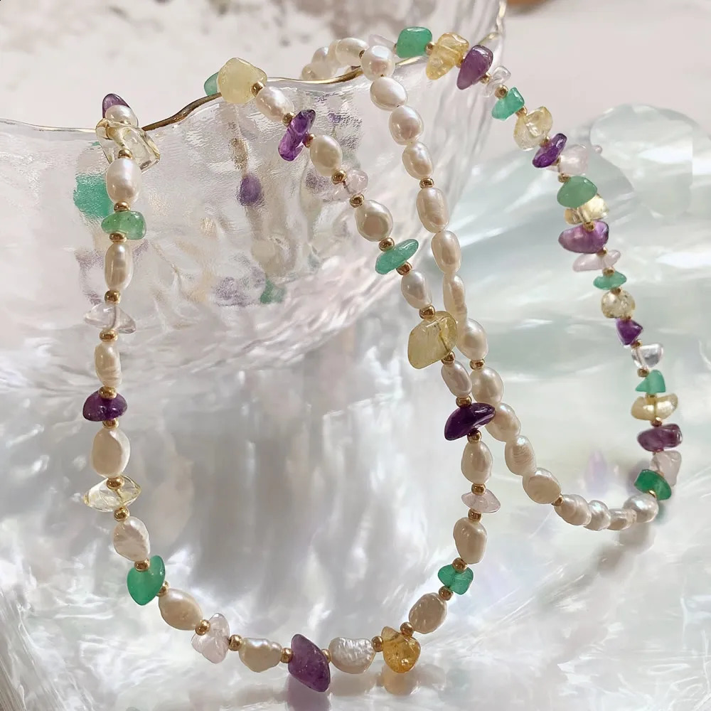 Irregular chip natural crystal necklace amethyst lemon small Baroque pearl charm truly natural freshwater pearl necklace 241018