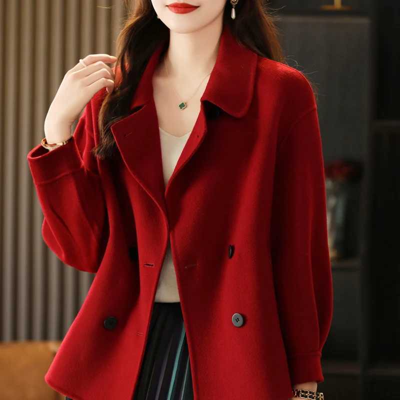 Double-Sided Cashmere Coat for Women Short Korean Loose Horn Buckle Pure 100% Wool Autumn Winter 2024X241009