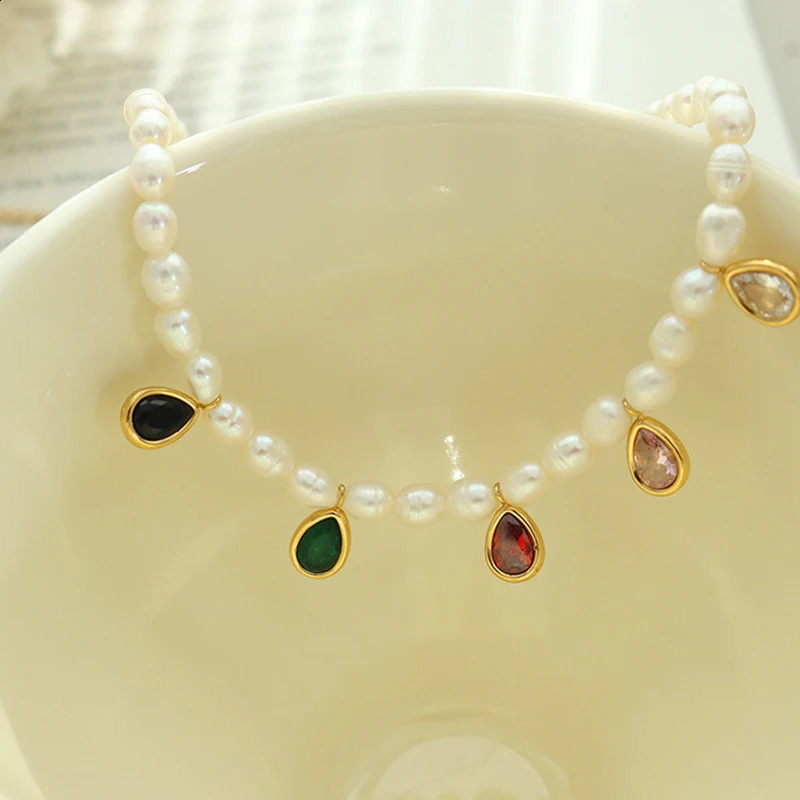 Womens Water Drop Tassel Necklace Crystal Stone Freshwater Pearl Beads Stainless Steel Waterproof Charm Jewelry 241018