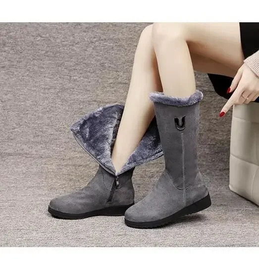 Womens Shoes Winter Warm High Fur Boots Womens Shoes Mid Leg Velvet Snow Flat Boots Zipper Fashion Botas De Mujer 35-41241018