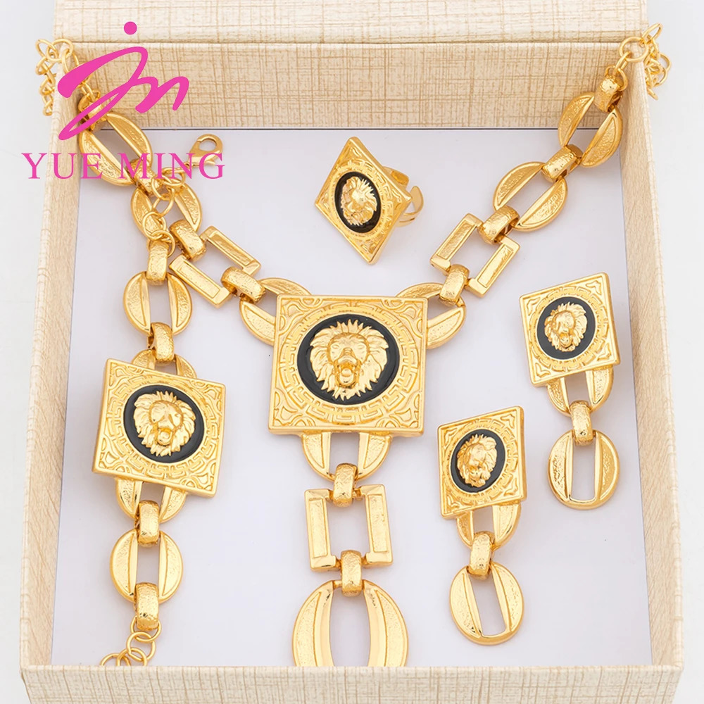 YM Necklace For Women Dubai Gold Plated Lions Head Jewelry Sets Cuff Bangles Rings Fashion Dangle Earrings for Banquet Party 241007