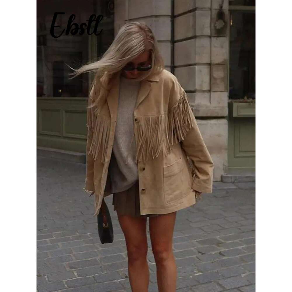 Vintage Faux Suede Tassel Jacket Women Elegant Long Sleeve Single-Breasted Lapel Coats 2024 Autumn New Lady Loose Urban Outwear