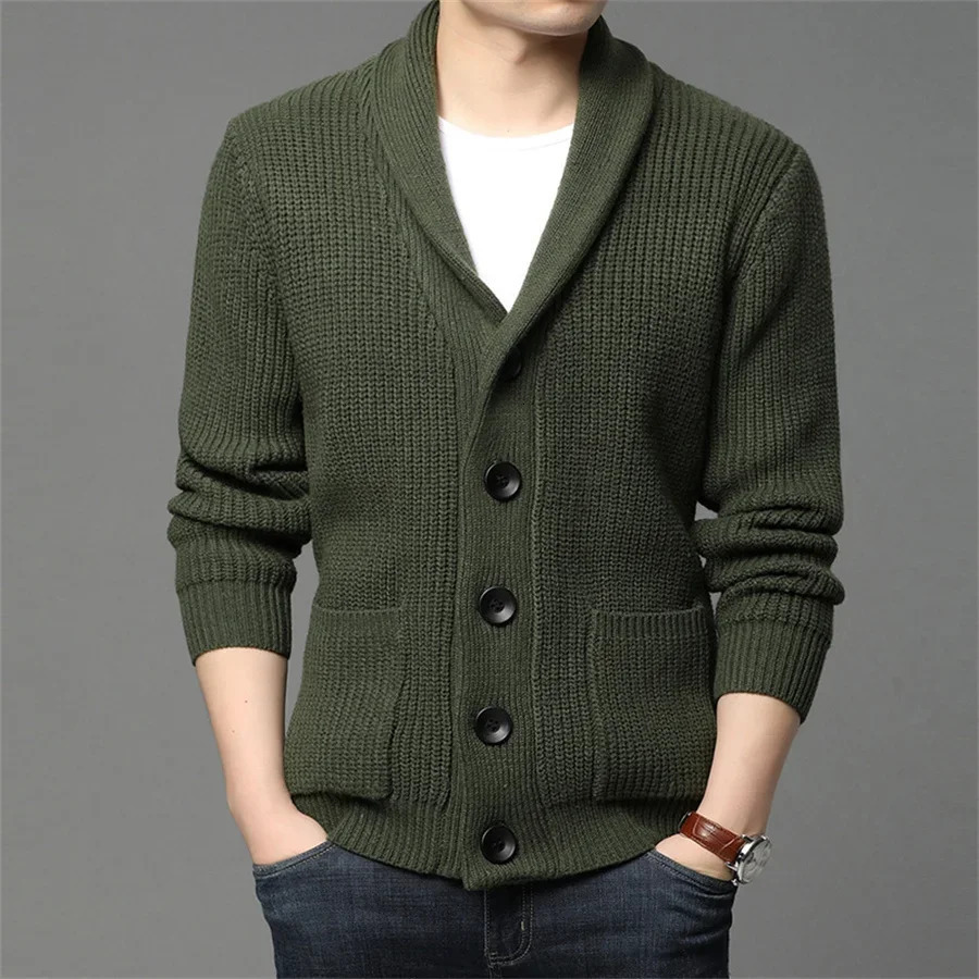 Army Green Cardigan Men Buttonup Sweater Autumn Winter Knitted Coat Thick Warm Casual Solid Streetwear Mens Fashion Clothing 241018