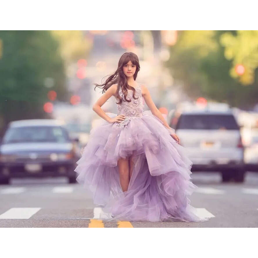 High Lavender 2017 Low Wer Dresses Scoop Appliques Beads Puffy Tulle Skirt Wedding Children Lovely Girls Pageant Dress