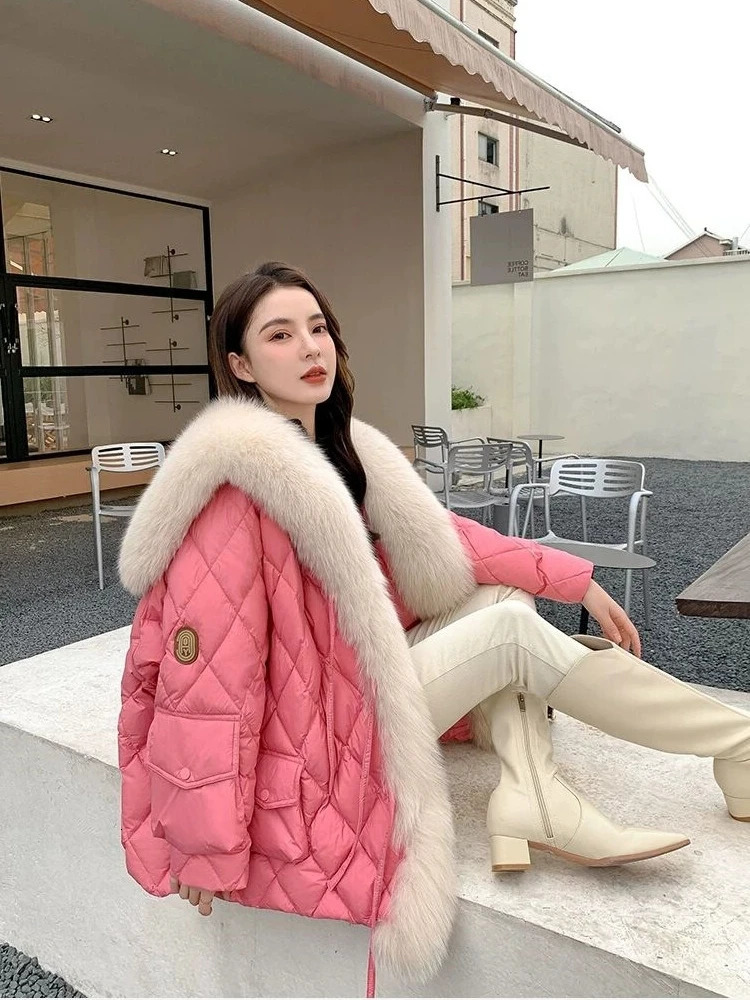 Light Faux Fox Fur Sailor Collar Bright Color down Cotton Jacket Coat Parka Womens MidLength winter clothes women 241018