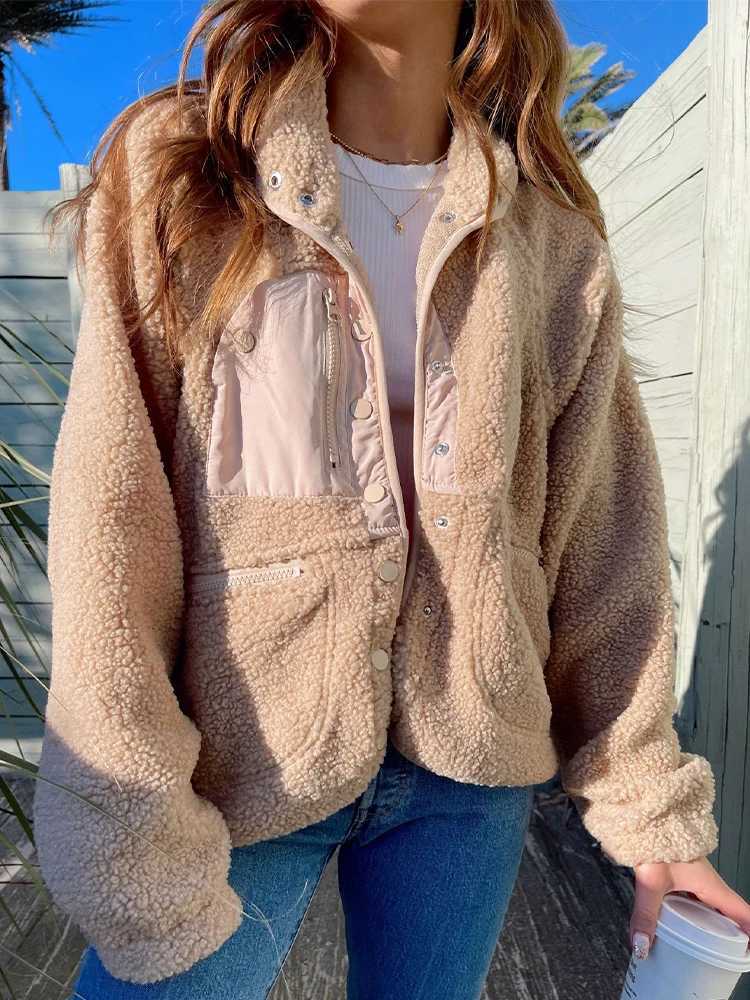Vintage Plush Jacket Women Loose Casual Lamb Wool Coat Female Winter Retro Warm Solid Color Buttons Chic Outerwear LadiesX241018