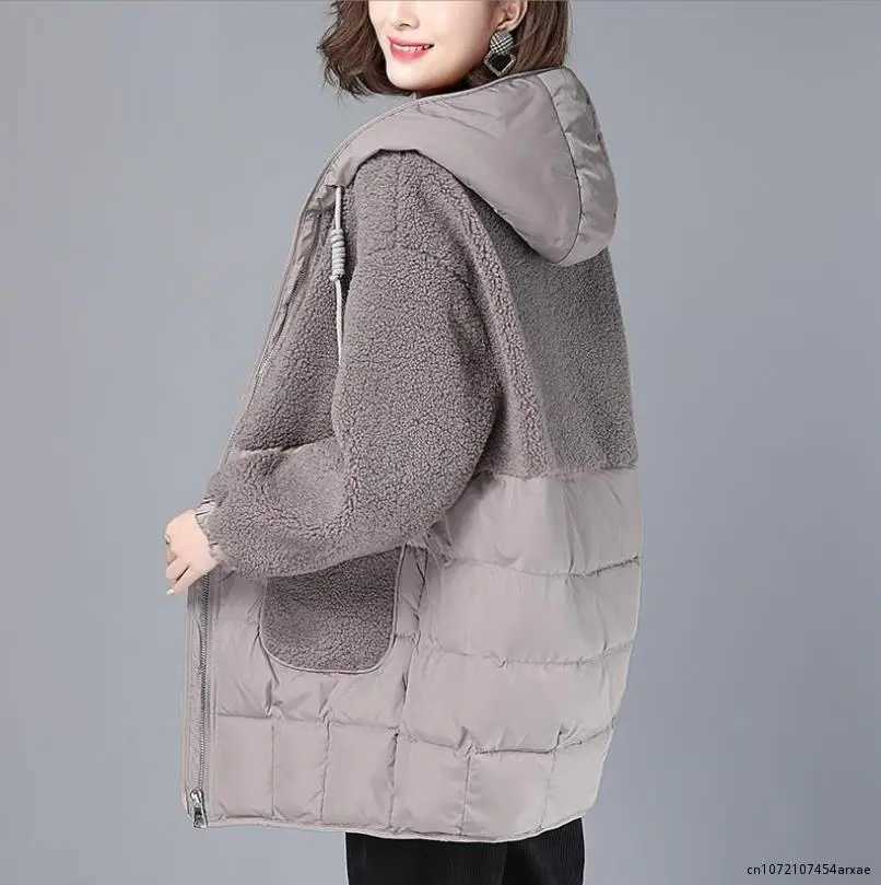Women Padded Jackets Autumn Winter Hooded Outerwear 2023 Loose S-4XL Down Cotton Jacket Mid-Length Lamb Wool Thick Coat FemaleX241018